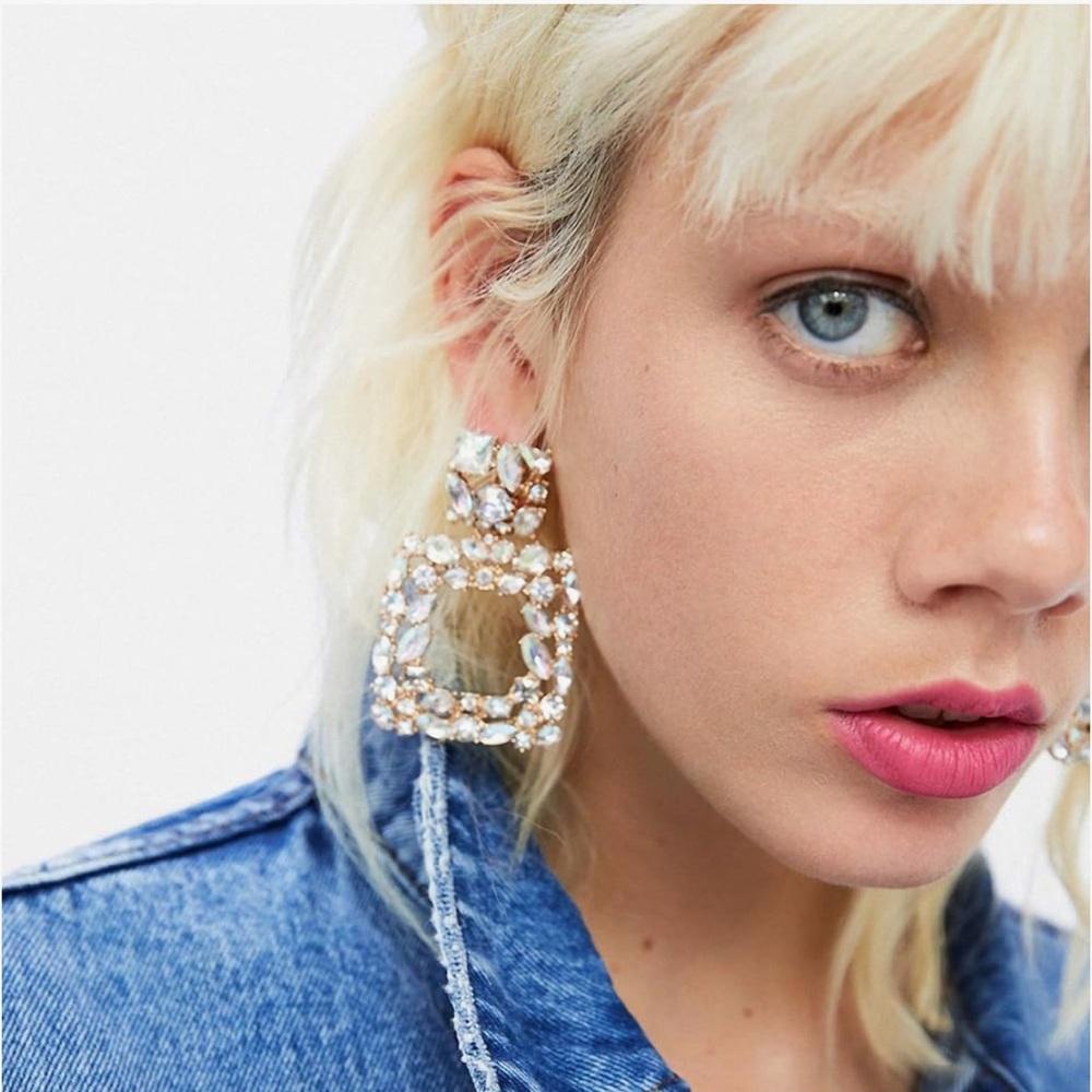 Elegant Gold and Crystal Square Drop Statement Earrings